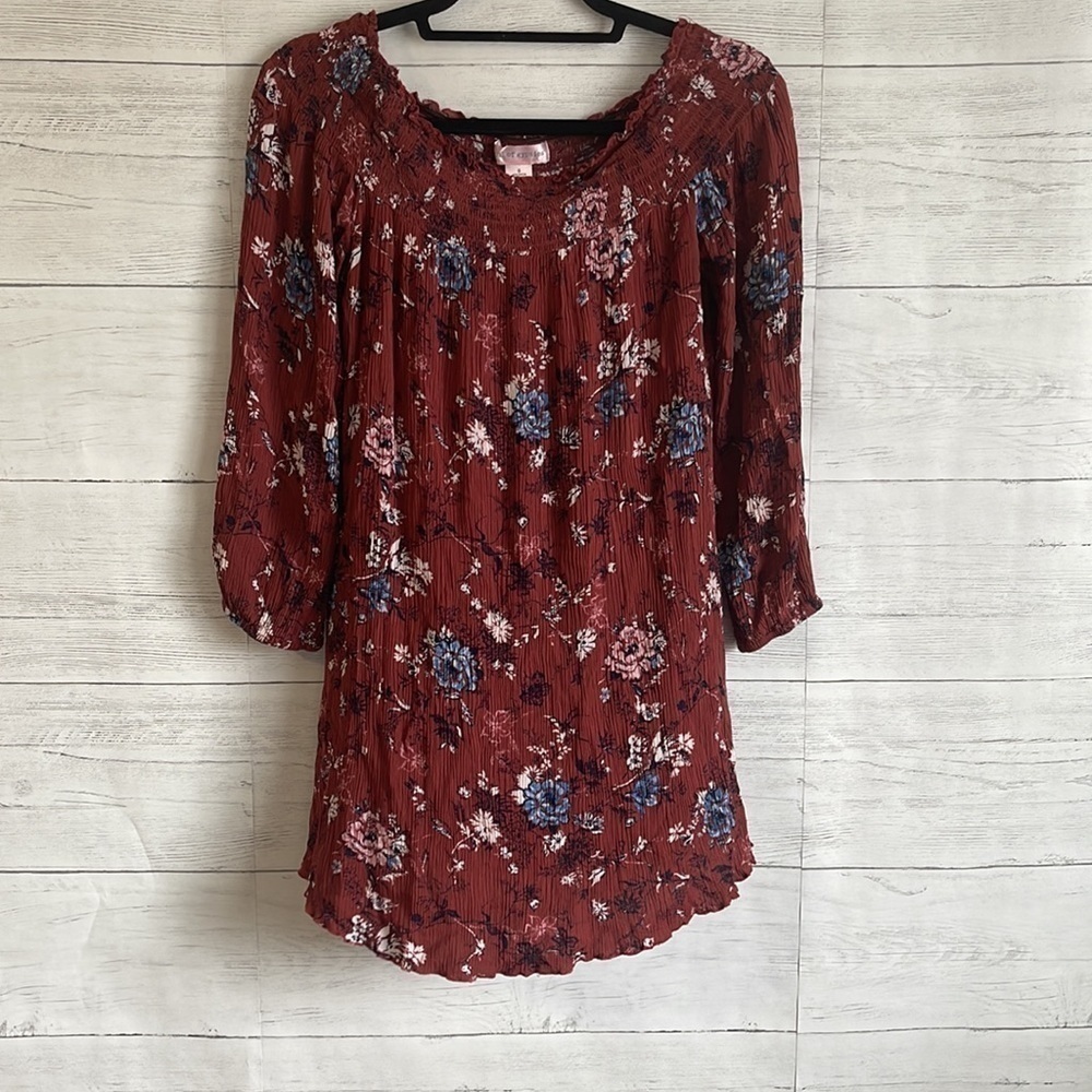 Band of Gypsies Off The Shoulder Long Sleeve Boho Floral Mini Dress | SIZE S